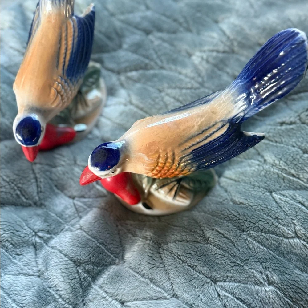Ceramic Bird Figurine Set - Blue and Red